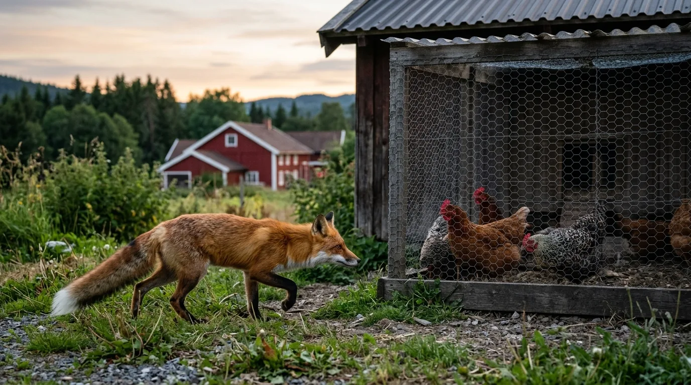 Rødrev som lusker ved en norsk hønsegård i skumringen