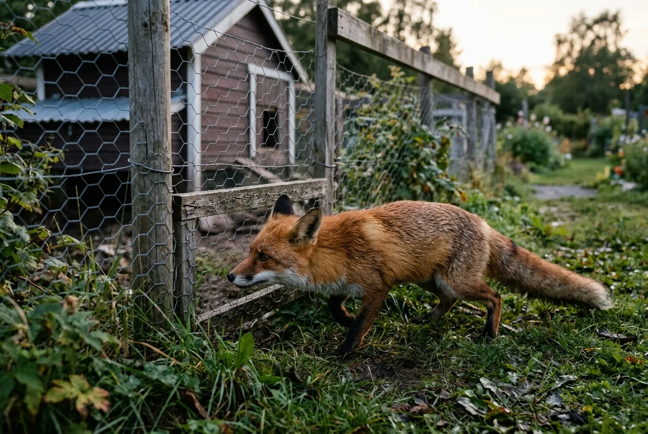 Nærbilde av rødrev ved hønsenetting i hagen om kvelden