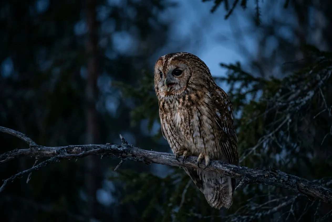 En kattugle ropende fra en grein om natten i norsk skog