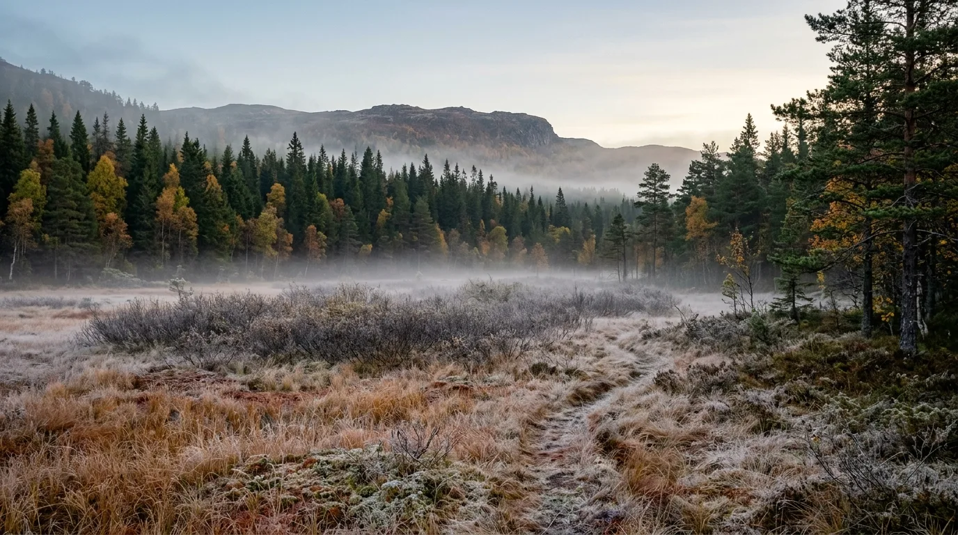 Norsk høstskog i grylys med myr og furukoll – typisk jaktterreng for elg og hjort.
