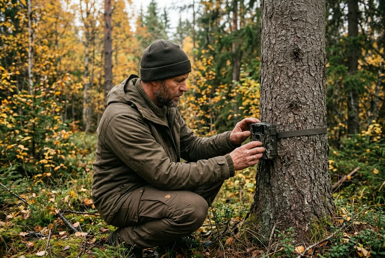 Norsk jeger i grønt og brunt sjekker et viltkamera festet til en gran i høstskogen.
