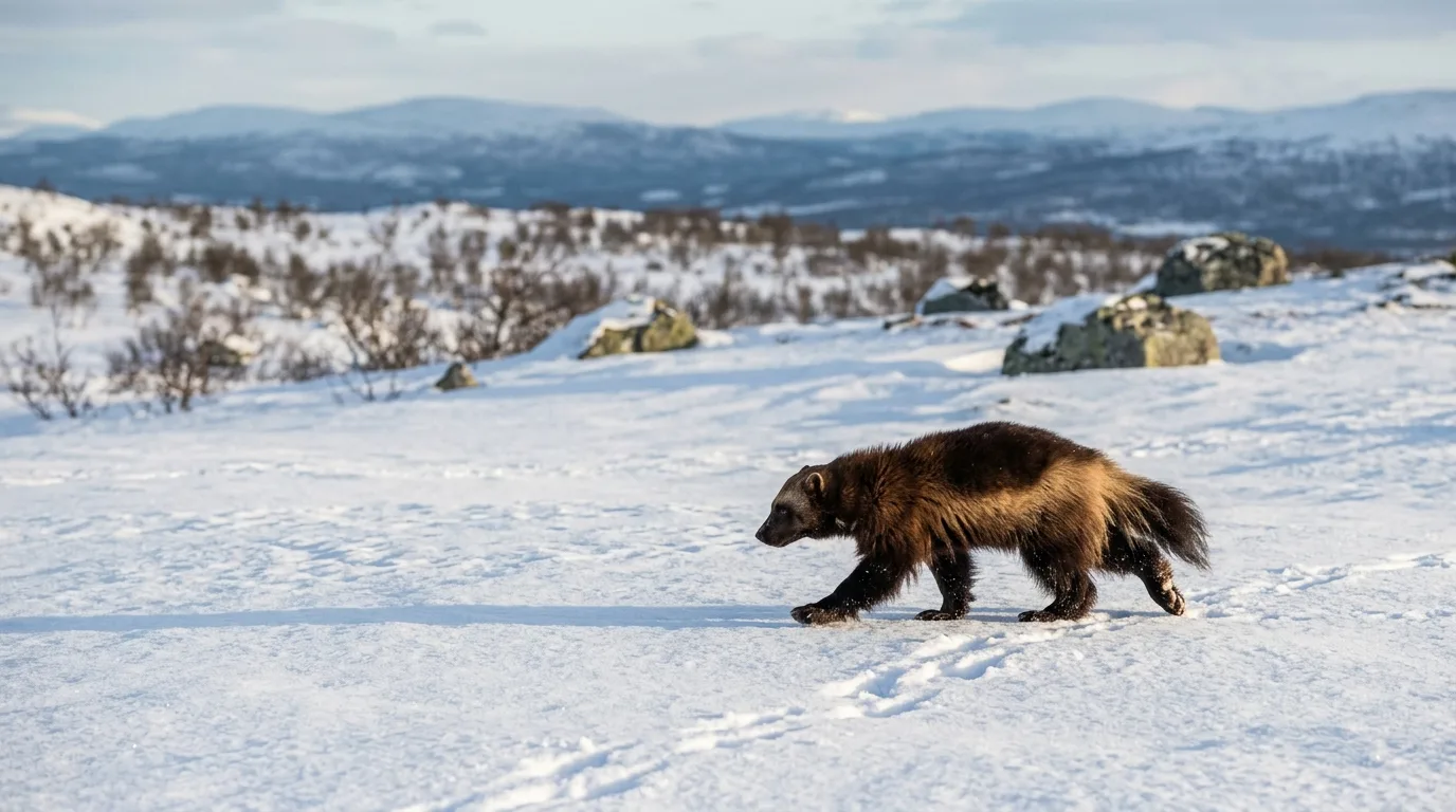 En jerv krysser en åpen snøflate i et norsk fjellandskap i lavt vinterlys.