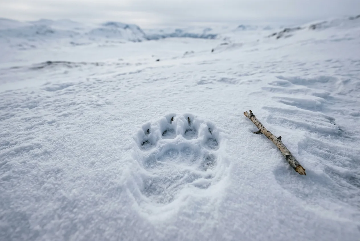 Et klart jervespor med fem tær avtegnet i fast snø ved siden av en kvist.