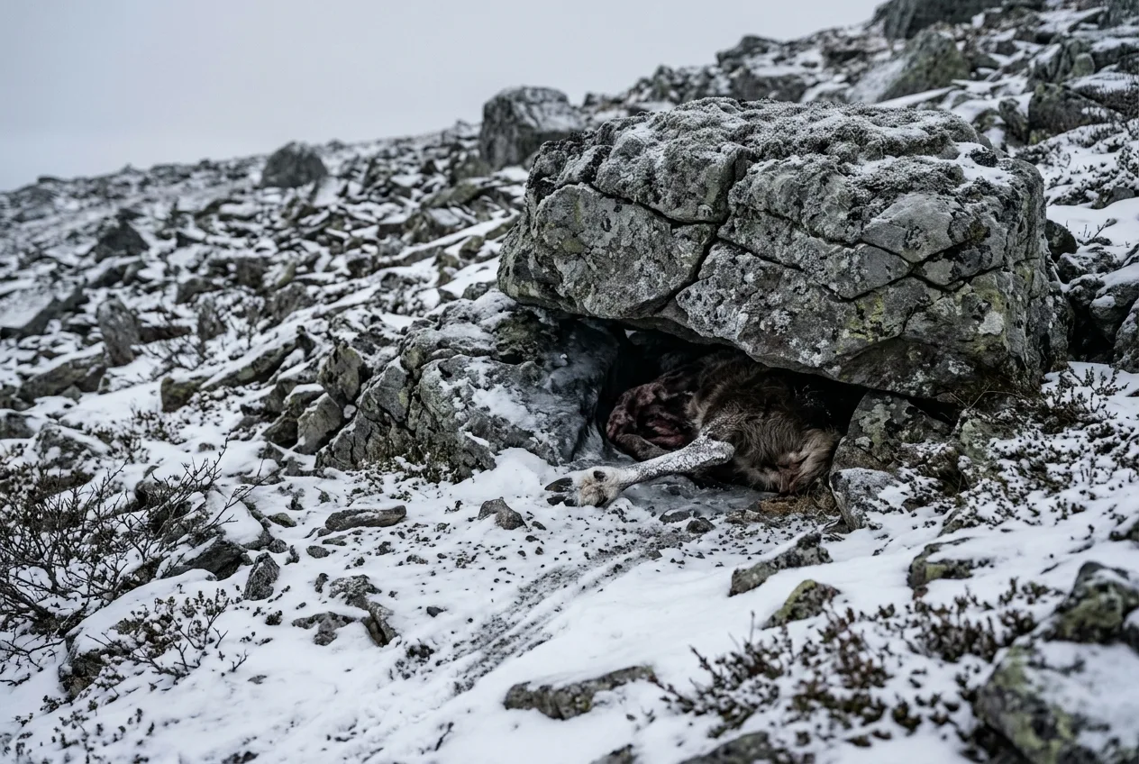 Restene av et kadaver delvis dratt inn under en steinblokk og dekket av snø i ei steinur.