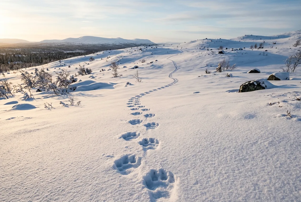 En sammenhengende rekke parvise jervespor som slynger seg over en snøkledd fjellside i lavt vinterlys.