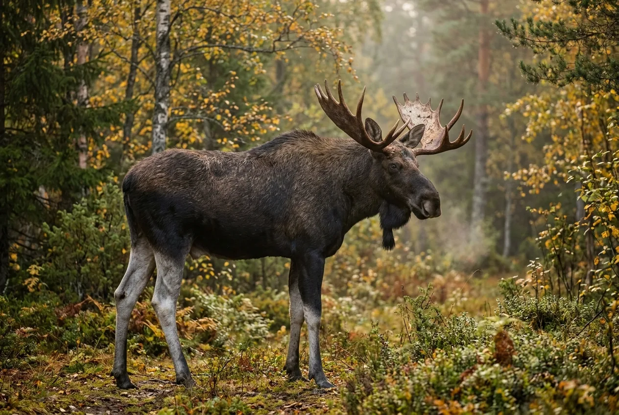 En elgokse står bredsides i en norsk høstskog på naturlig avstand mellom bjørk og furu.