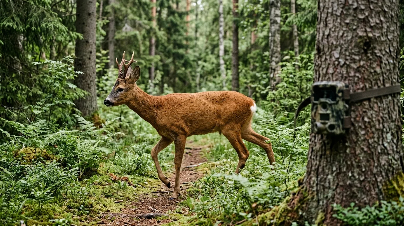 Et rådyr passerer foran et viltkamera på en trekkrute i norsk skog