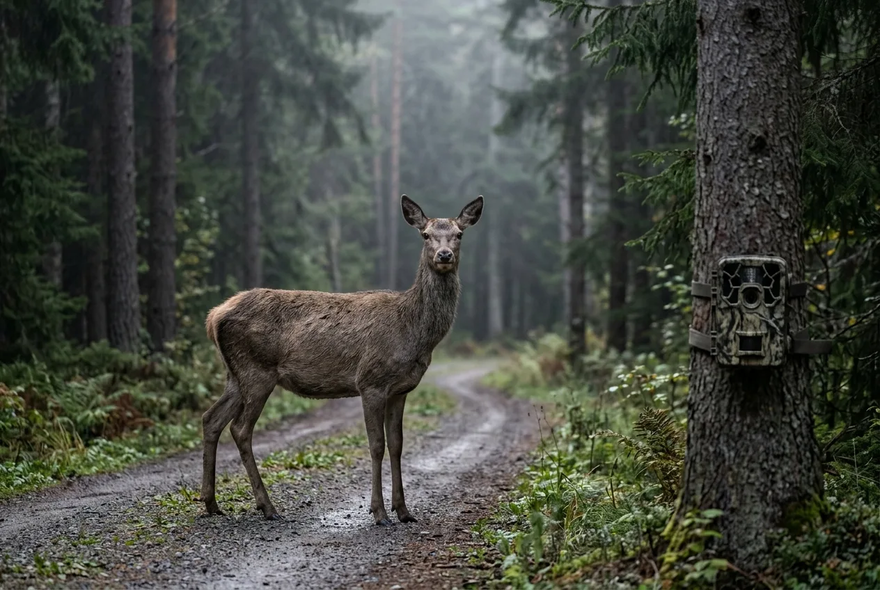 En kronhjort på en skogsbilvei fanget av viltkamera i norsk skog