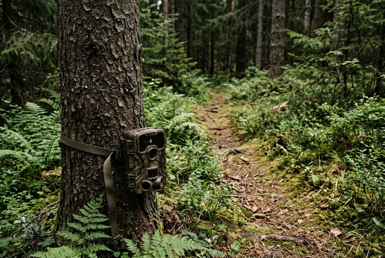 Et viltkamera festet til en grantrunk på en naturlig vilttråkk i norsk skog