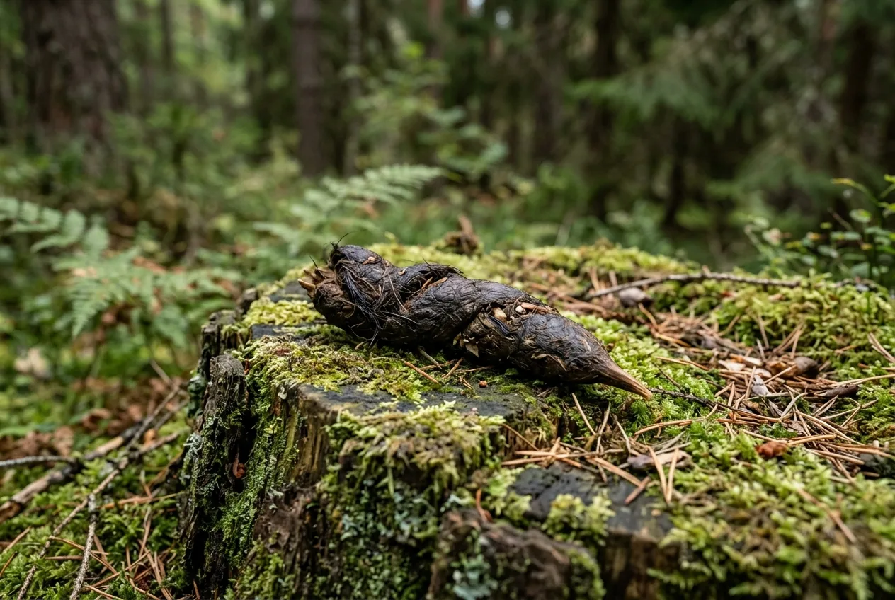 Pølseformet revemøkk lagt godt synlig på en stubbe i norsk skog