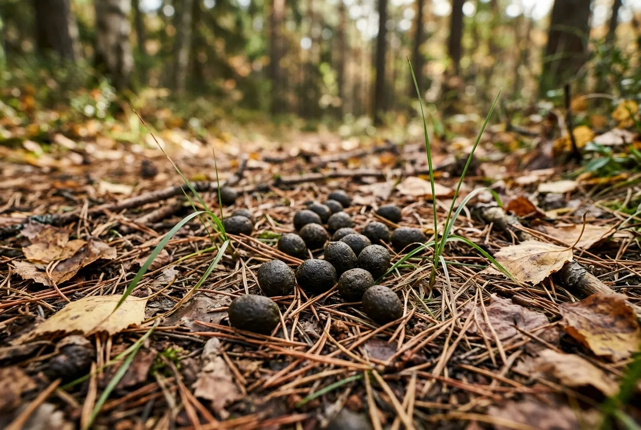 Små runde møkkkuler fra rådyr på en barnålsdekt skogssti