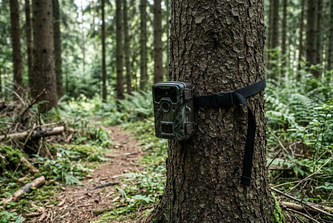 Et værbestandig viltkamera festet med stropp til en granstamme langs en tråkket dyresti i skogen.