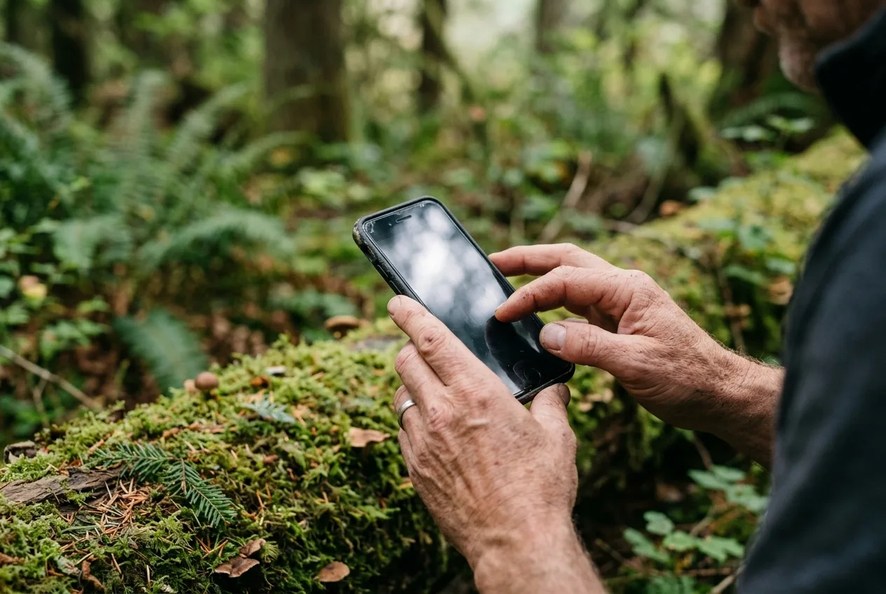 Nære hender holder en mobiltelefon ute i felt ved siden av en mosegrodd, død stamme.
