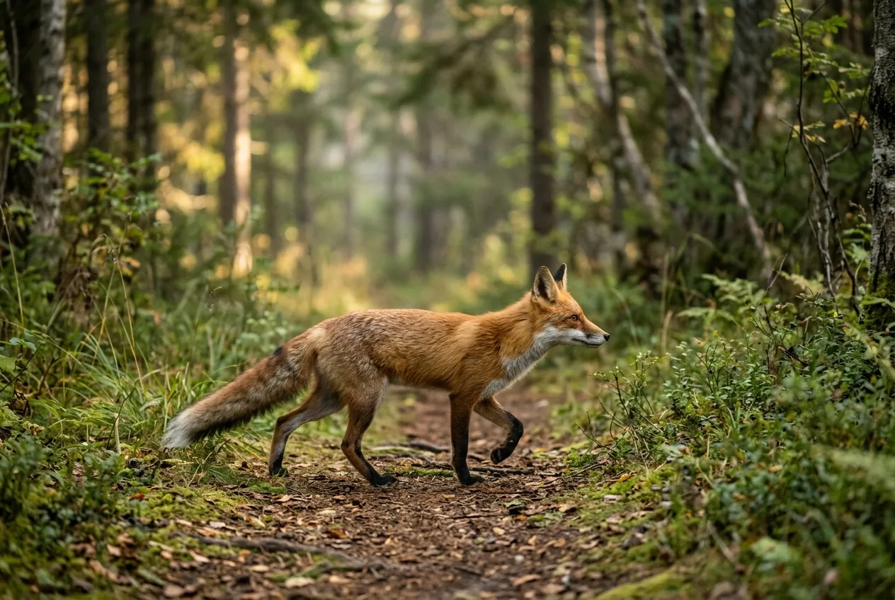 En rødrev går rolig langs en skogssti i lavt morgenlys, sett på naturlig avstand.