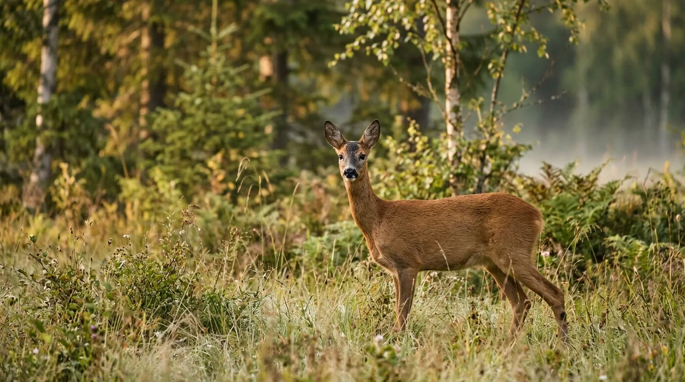 Et rådyr beiter i skogkanten i det gylne morgenlyset ved daggry