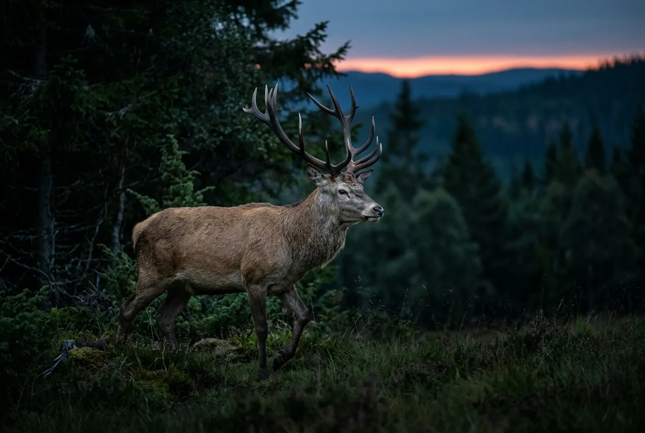 En kronhjort trer ut av skogkanten i det blå skumringslyset om kvelden