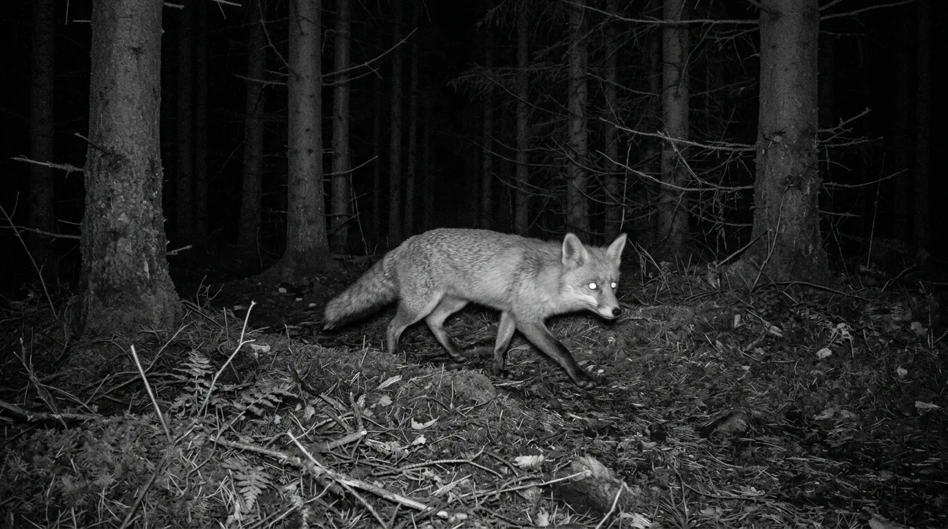 En rødrev fanget av viltkamera om natten i norsk skog