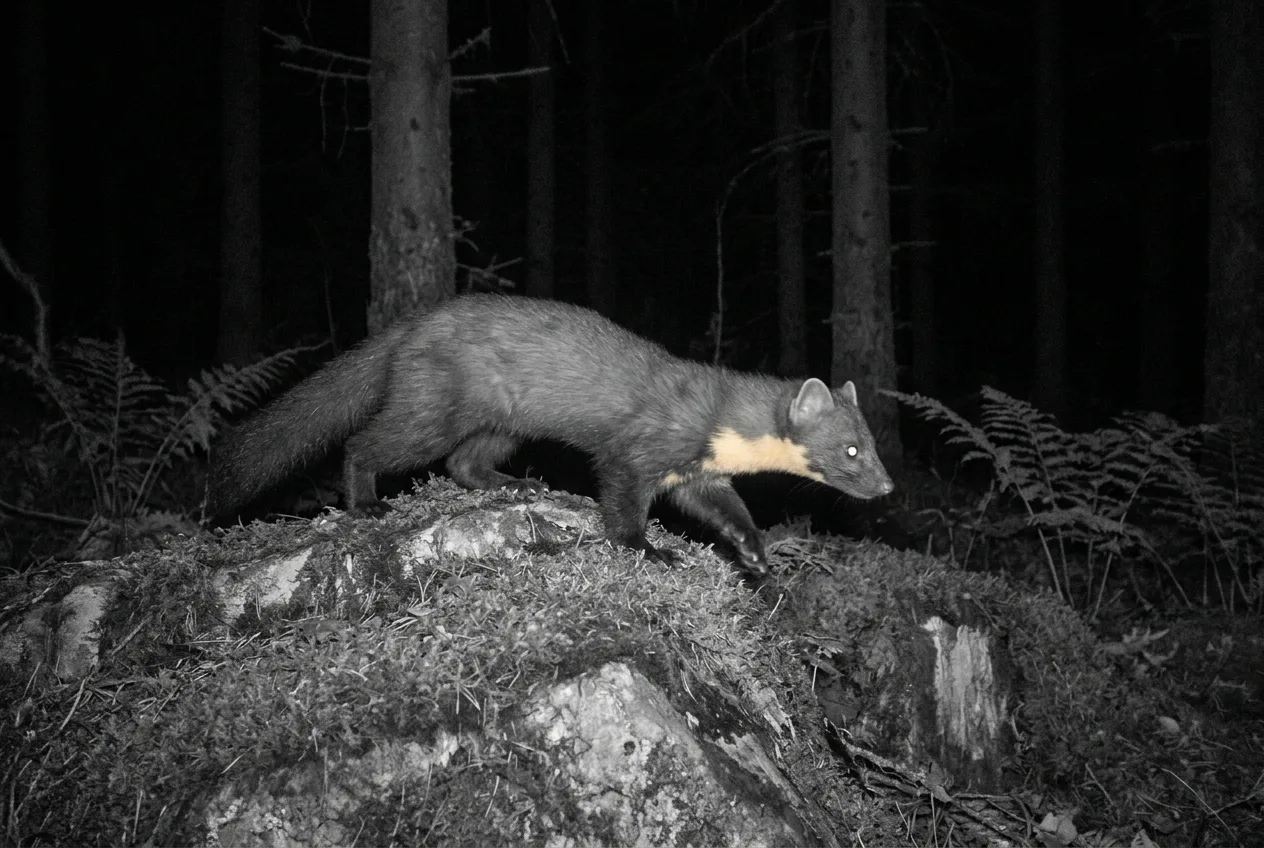 En pine marten krysser en stein om natten i norsk skog