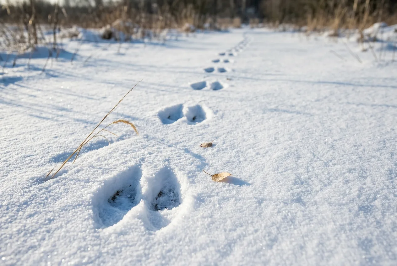 Nærbilde av ferske dyrespor som krysser urørt snø i skarpt sidelys.
