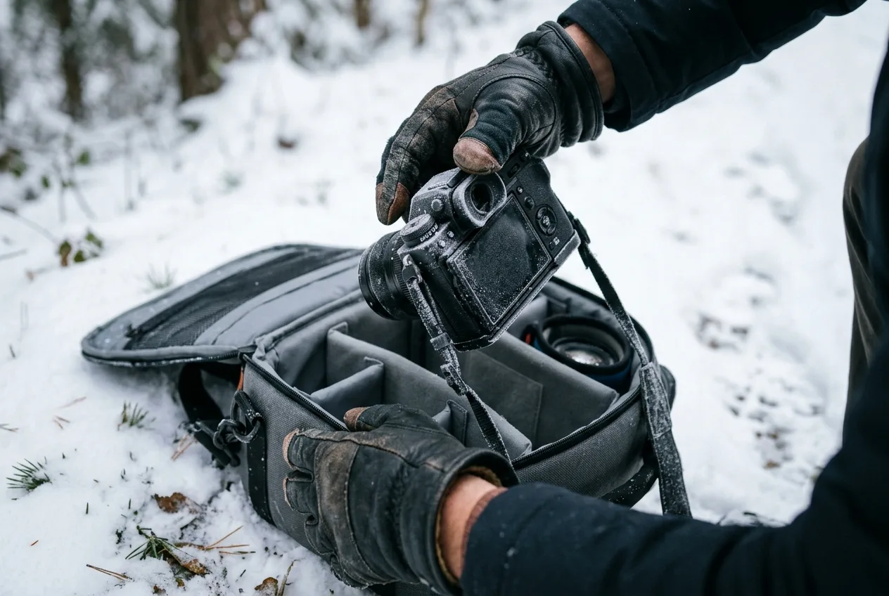 En fotografs hanskekledde hender løfter et frostdekt kamerahus ut av en kameraveske i kulda.