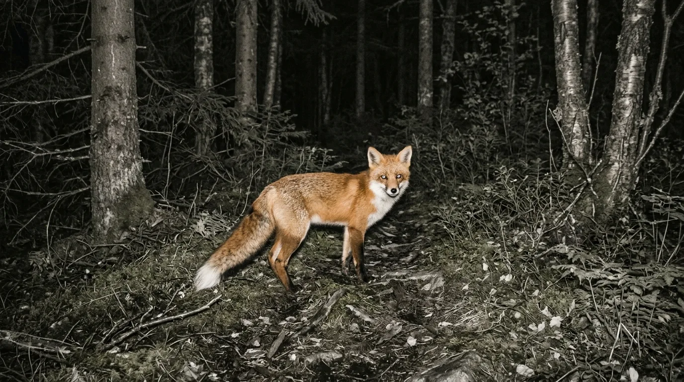 Rødrev på en skogssti i Norge om natten, fanget med viltkamera