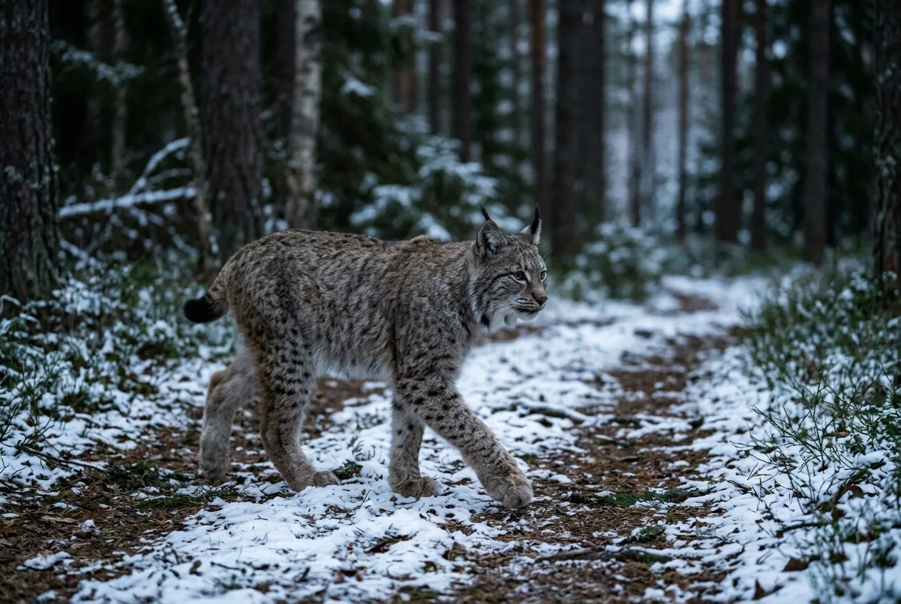 Eurasisk gaupe på en stille skogssti i nordisk barskog
