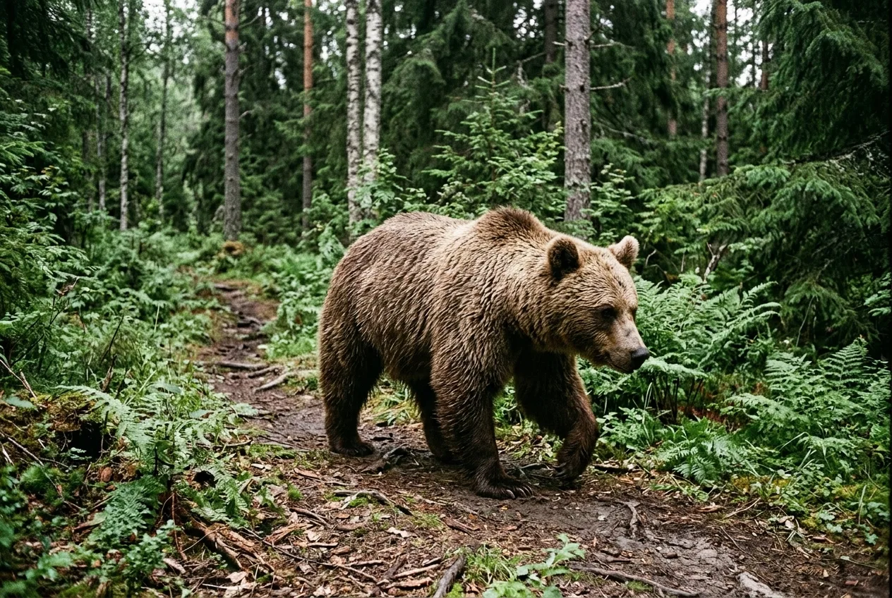 Brunbjørn på en skogssti fanget av viltkamera
