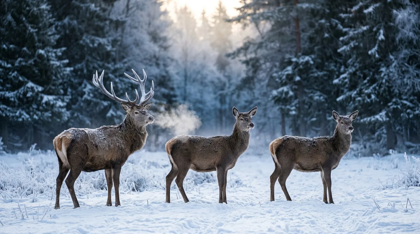 Kronhjort i et frostdekt norsk vinterlandskap