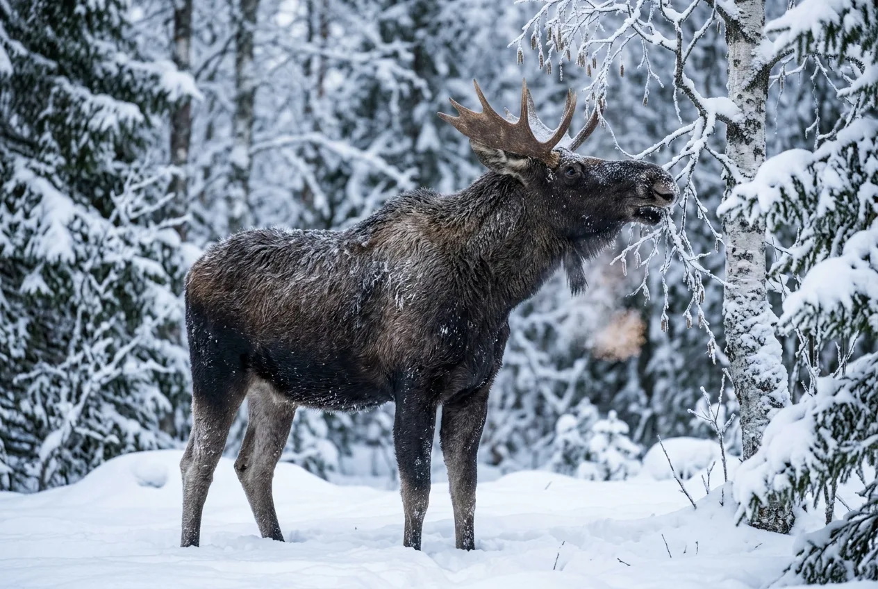 En elg i dyp snø i en norsk vinterskog