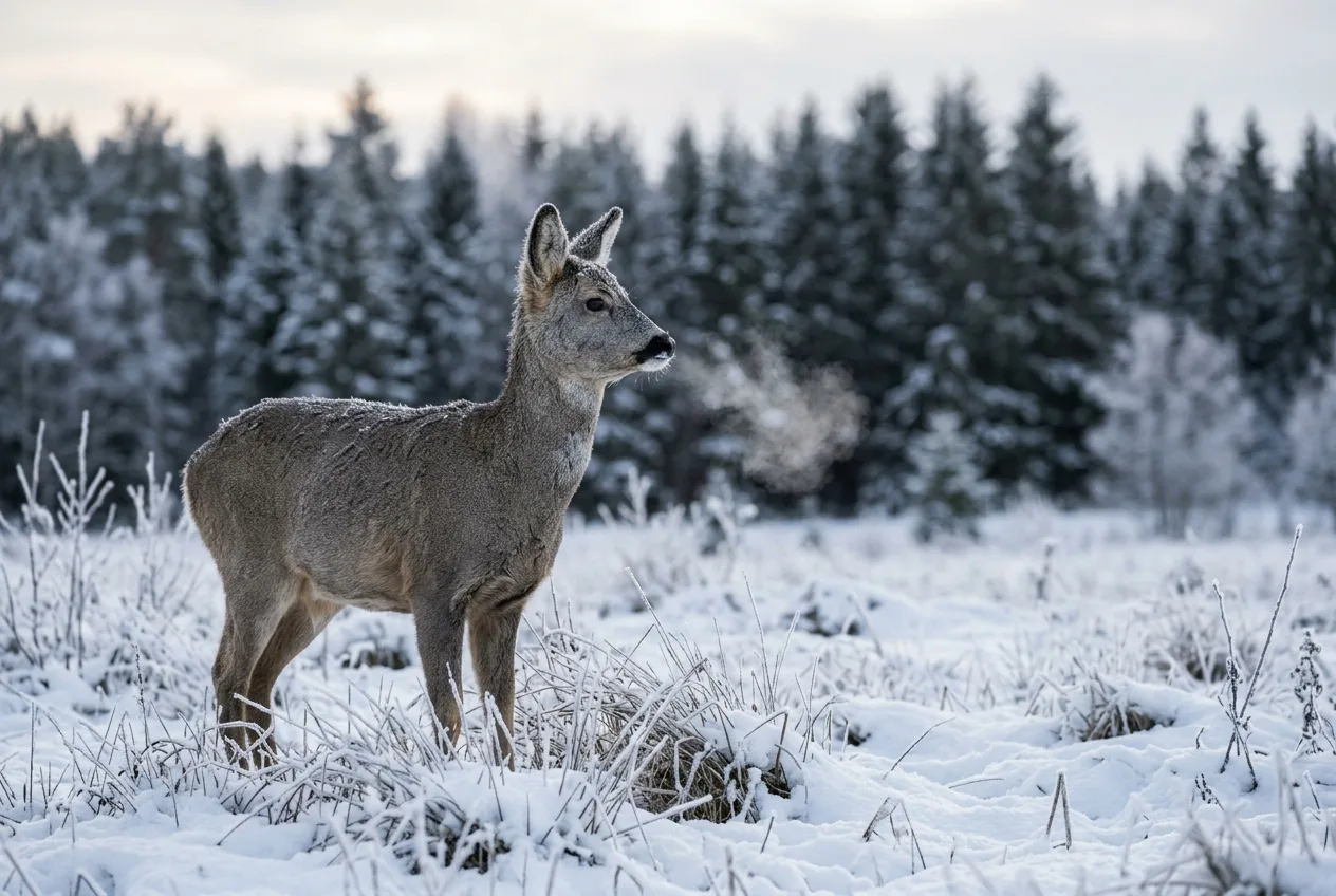 Et rådyr i et snødekt og frostklart norsk landskap