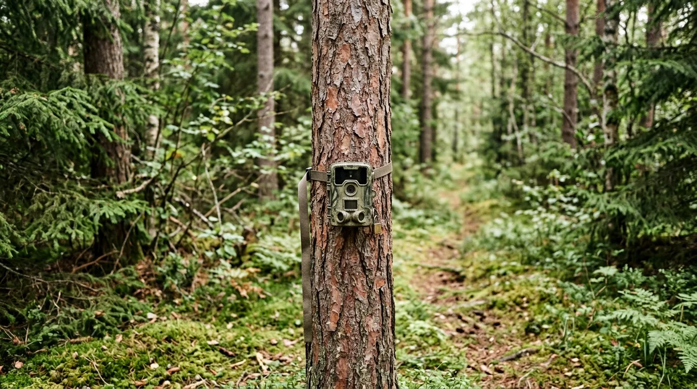 Et viltkamera montert på en furustamme i riktig høyde over en dyretråkk i norsk skog