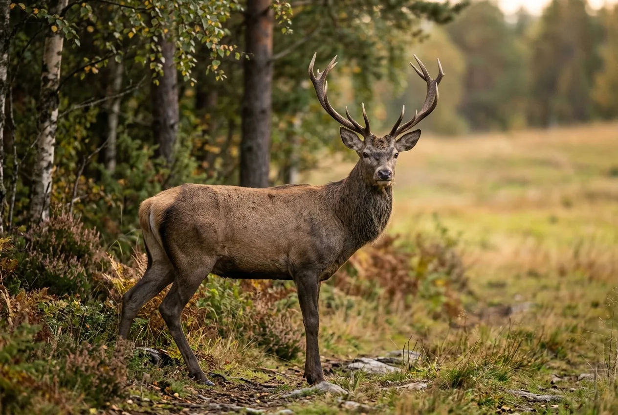 En hjort står årvåken med bredsiden til ved en skogkant i lavt høstlys.