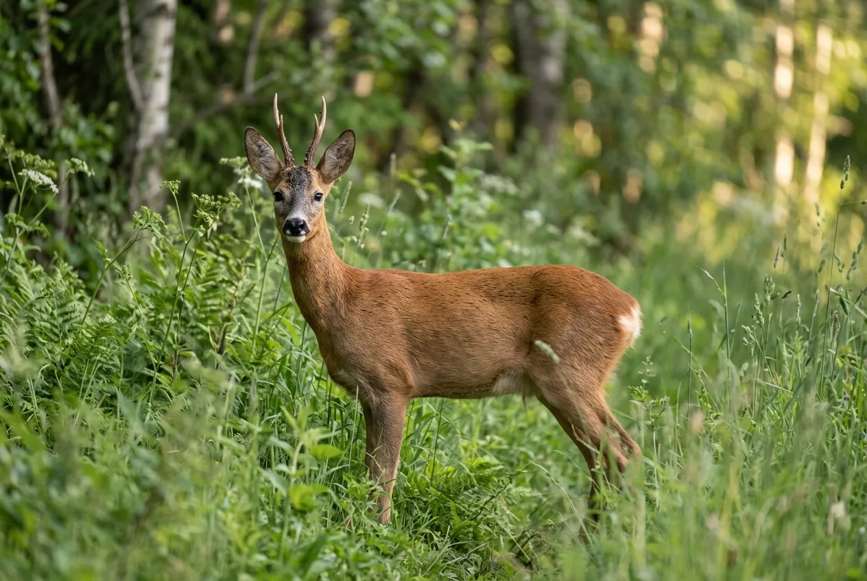 Et rådyr står med bredsiden til i sommergrønn vegetasjon på naturlig avstand.