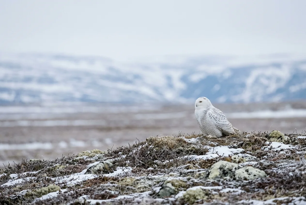En hvit snøugle sitter på åpen snødekt fjelltundra i flatt nordlys.