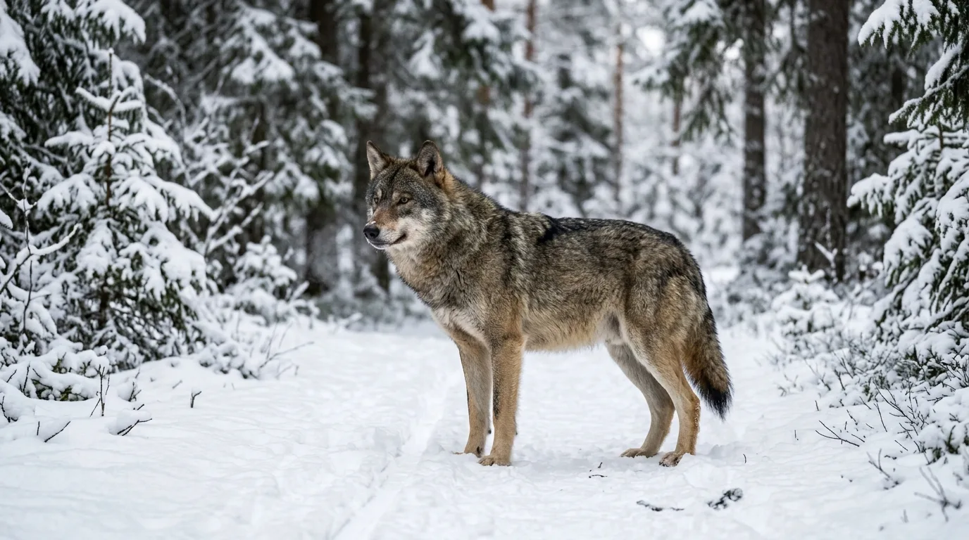 Eurasisk ulv i snødekt nordisk skog
