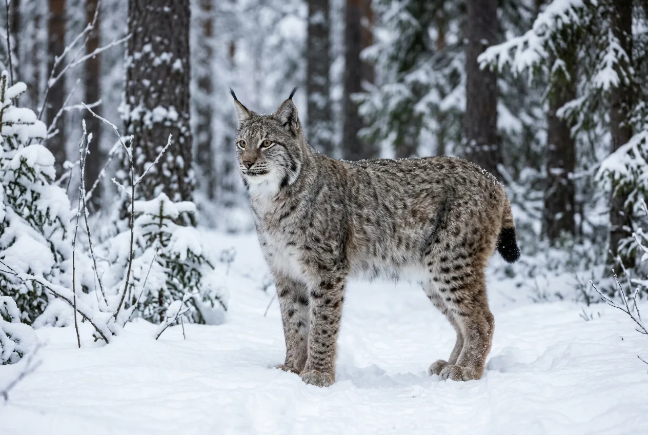 Eurasisk gaupe i snø i norsk barskog