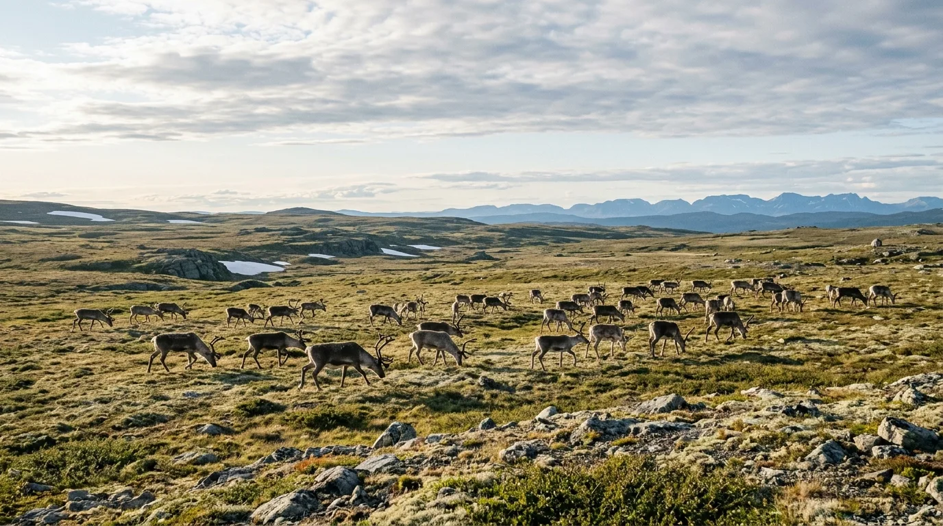 En flokk villrein beiter spredt utover en vidstrakt åpen høyfjellsvidde under en stor himmel.