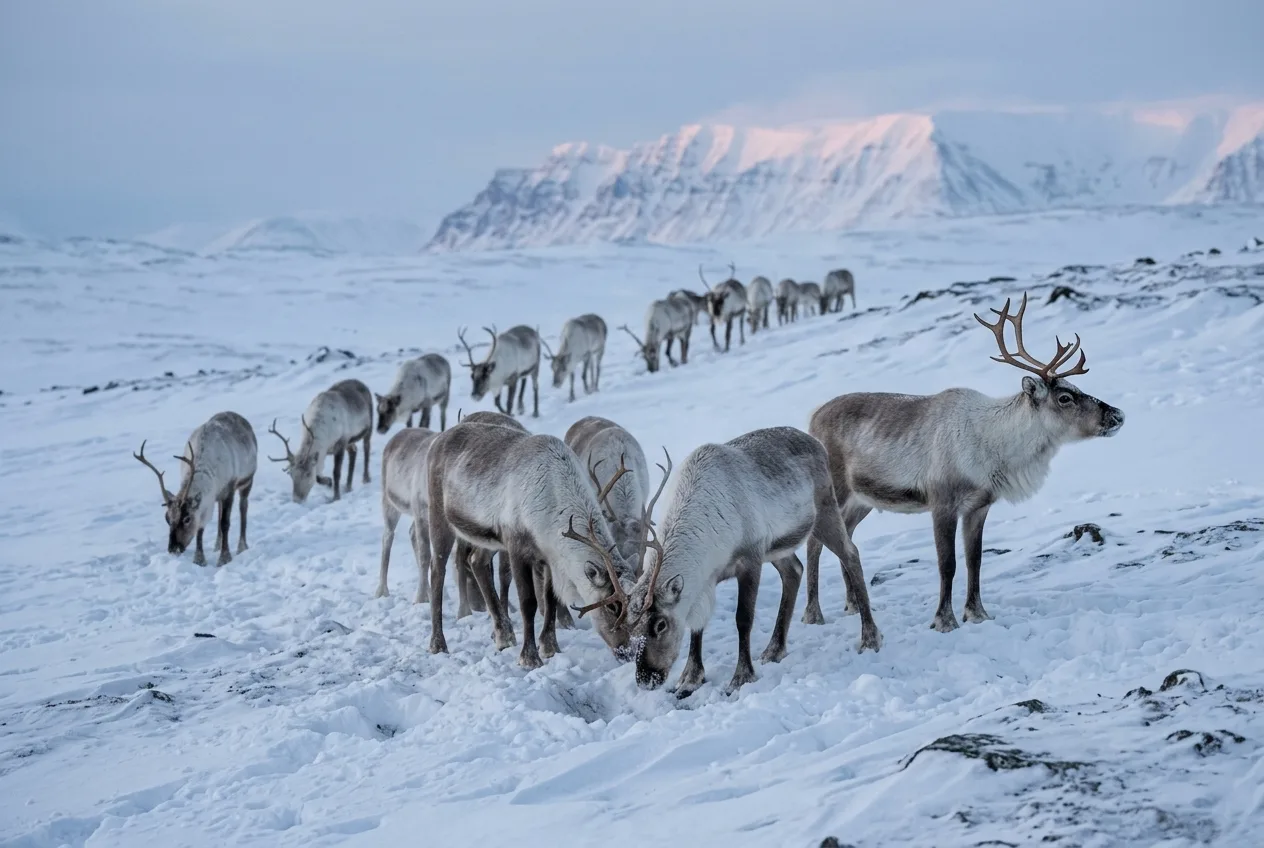 Villrein i vinterlandskap som graver i snøen etter lav på en åpen fjellvidde.