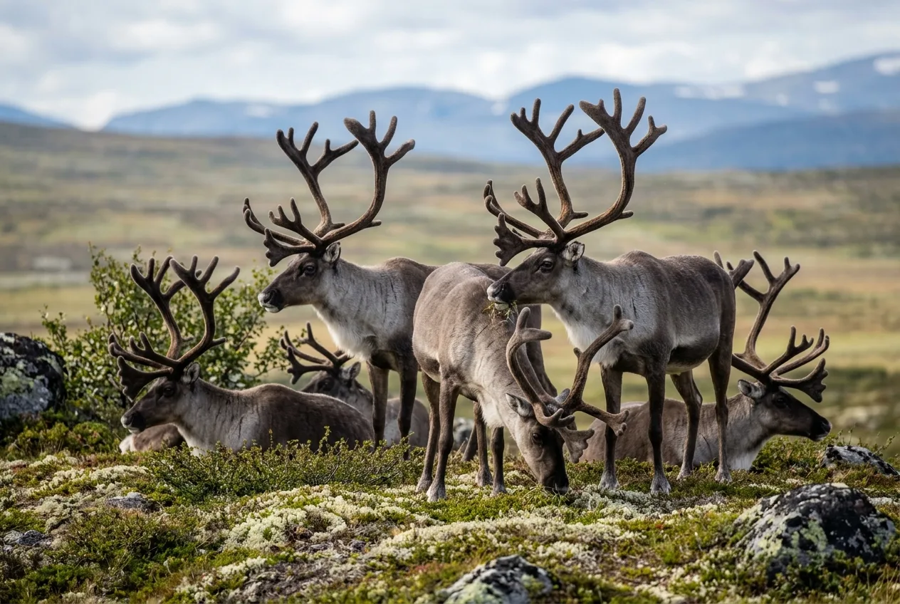 En tett gruppe villreinbukker med store gevir hviler sammen på en mosekledd fjellrygg.