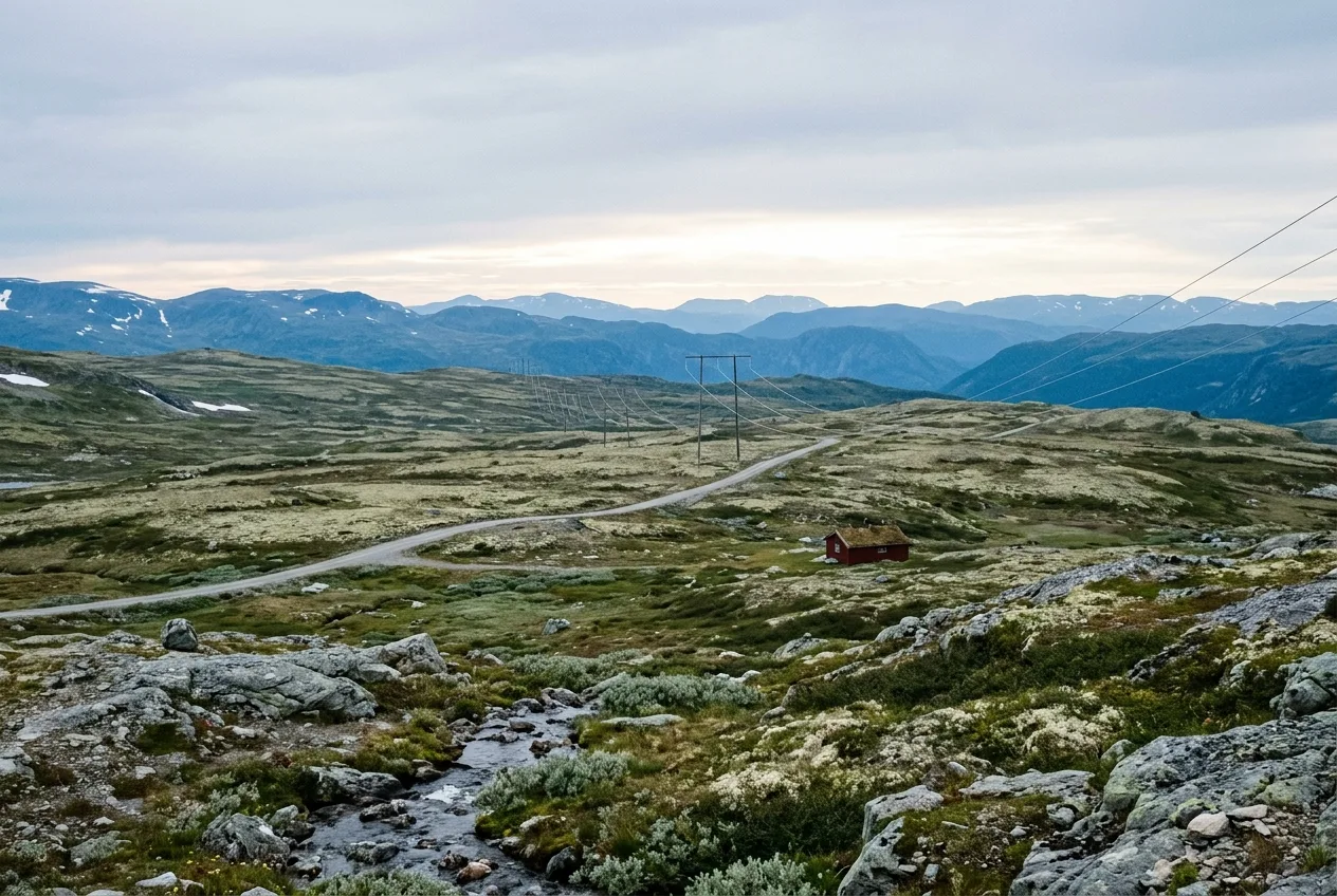 Vidstrakt høyfjellslandskap med en fjern grusvei og kraftledning som skjærer gjennom reinens leveområde.