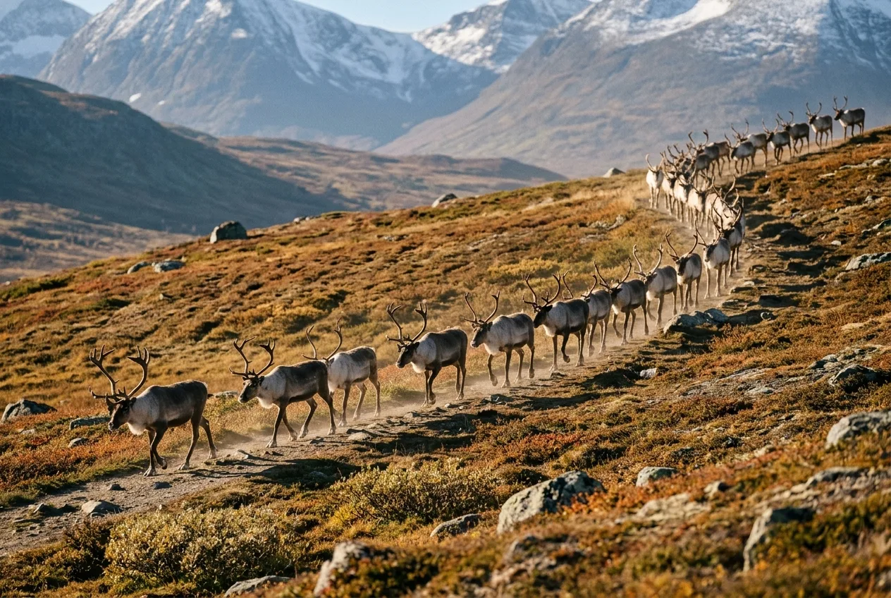En lang rekke villrein på trekk krysser et åpent fjellterreng i gåsegang.