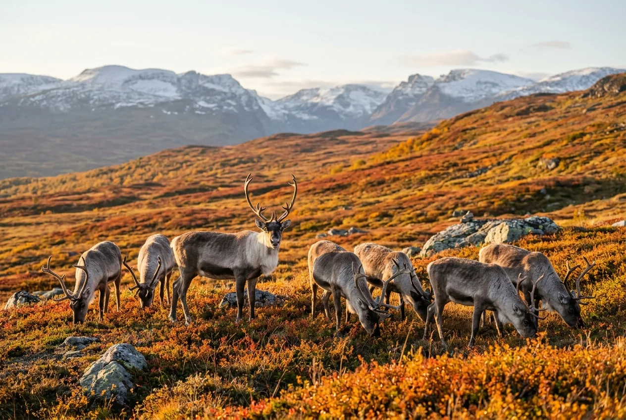 Villrein beiter på en høstgyllen fjellvidde med rødbrun lyng og fjerne snøkledde topper.