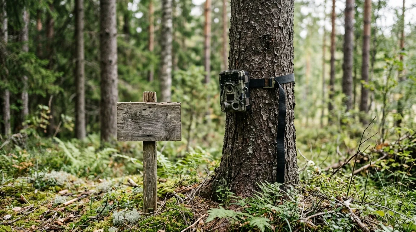 Et viltkamera festet til et tre i kanten av en norsk skog, med et informasjonsskilt om at området er kameraovervåket