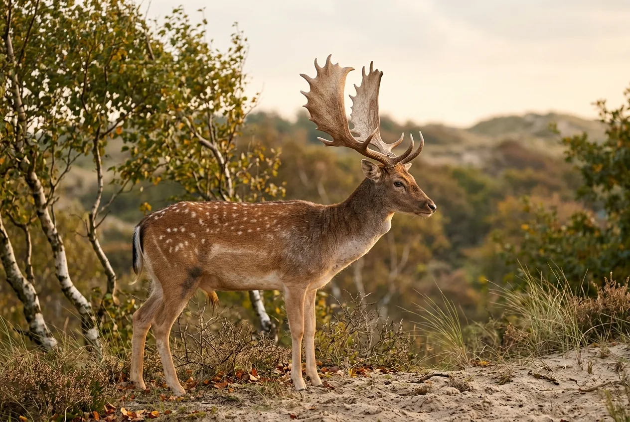 Een damhertbok in profiel laat het brede, platte schoffelgewei duidelijk zien aan de rand van het duinbos