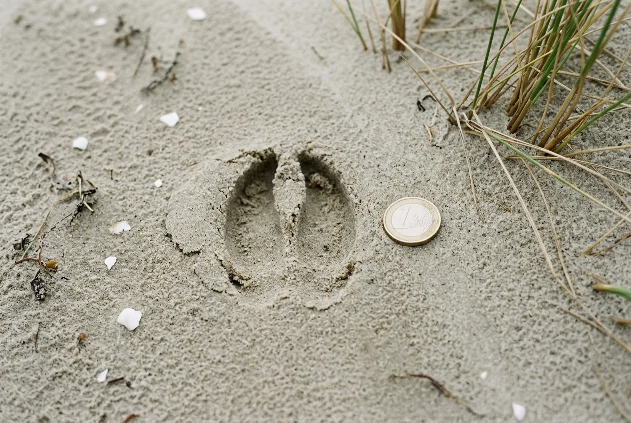 Een damhertprent in vochtig duinzand met een muntstuk ernaast voor de schaal