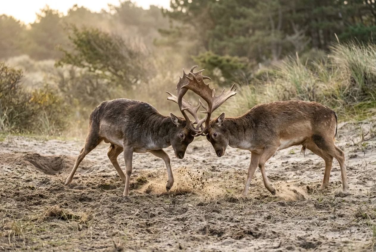 Twee damhertbokken duwen met ineengehaakte schoffelgeweien tegen elkaar tijdens de bronst in de duinen