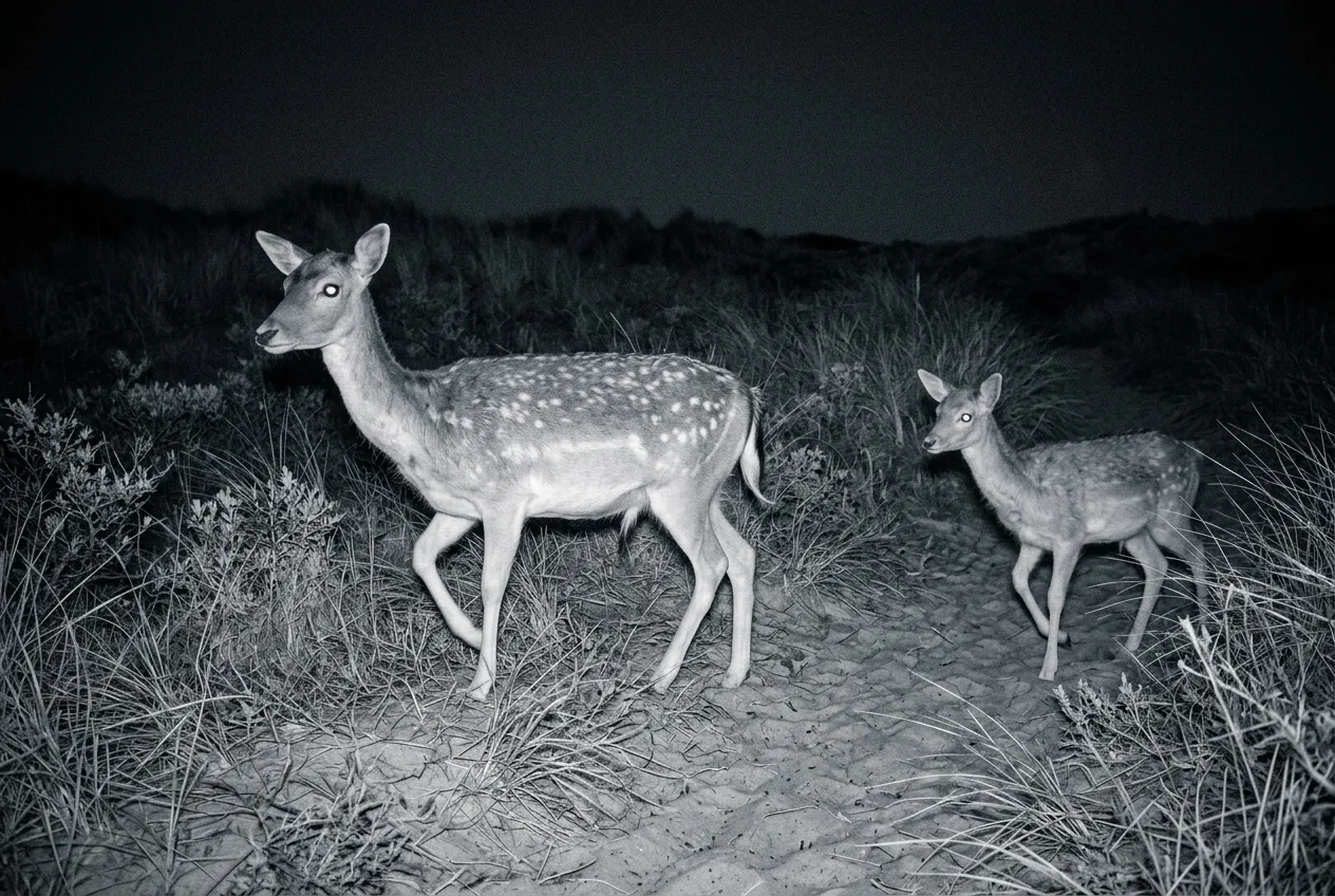 Infraroodbeeld van een wildcamera toont een damherthinde met kalf die 's nachts over een zandpad in de duinen lopen