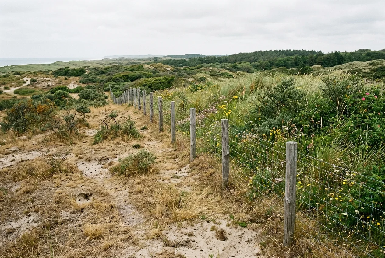 Een raster in de duinen scheidt kaalgevreten, door damherten begraasde duingrond van weelderige begroeiing aan de andere kant