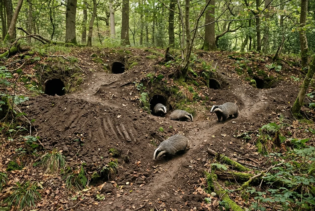 Een grote dassenburcht tegen een beboste helling, met meerdere ingangen en forse stortbergen van uitgegraven zand.