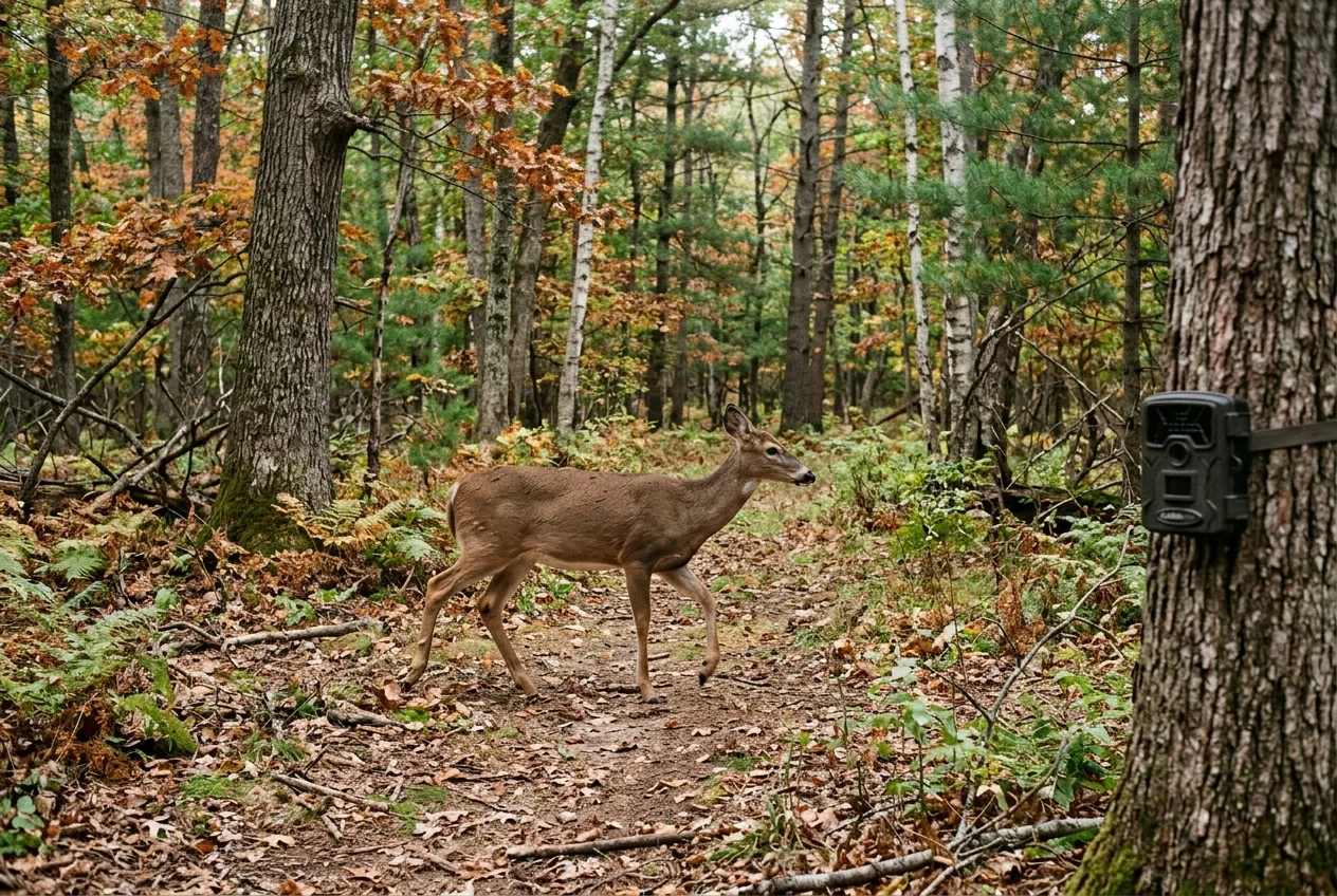 Een hert dat het detectiegebied van een camera op een open plek doorkruist